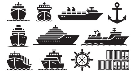 Set of maritime transport icons featuring container ships cruise liners and naval vessels © MDABDUR