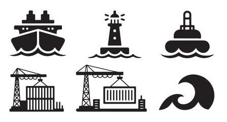 Naklejka premium Maritime icons set with ships lighthouses buoys cranes and waves in monochrome