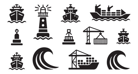 Nautical vector icons including ships lighthouse buoys cranes and ocean waves © MDABDUR