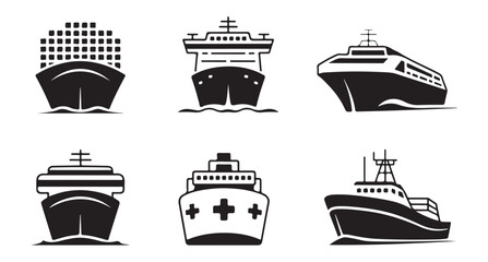 Collection of ship icons in silhouette, representing different types of maritime vessels © MDABDUR