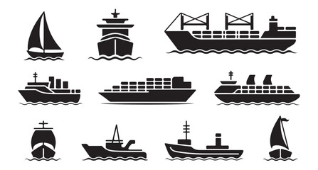 Diverse set of ship illustrations, featuring cargo, passenger, and sailing vessels © MDABDUR