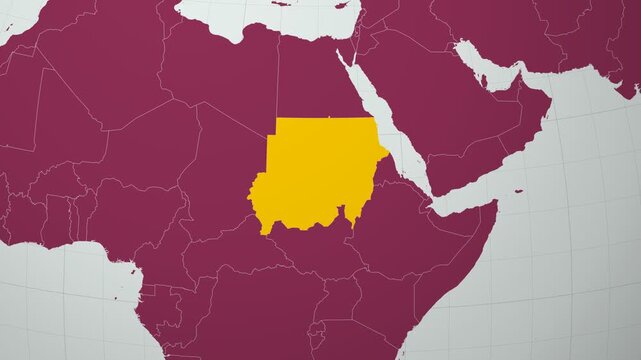 Sudan map. Animated zoom into the country on the Globe in Pale Mint Dark Pink color palette. Country logo animation with round text and airplanes. Map with meridians, parallels. Modern video.