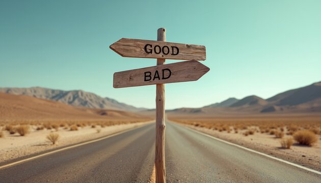 Wooden signpost on desert road shows good and bad paths. Offers choice between two ways, guiding future journey. Empty landscape symbolizes life decisions.