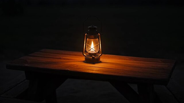 Old oil lantern glows warmly on a rustic wooden table at night.