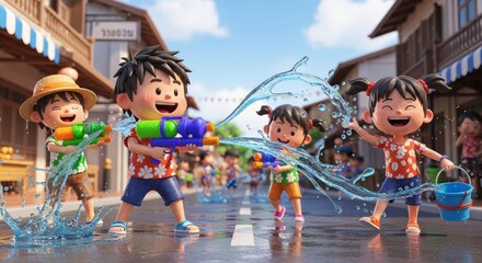 Playful Children Engaging in Water Fight on a Sunny Day Outdoors