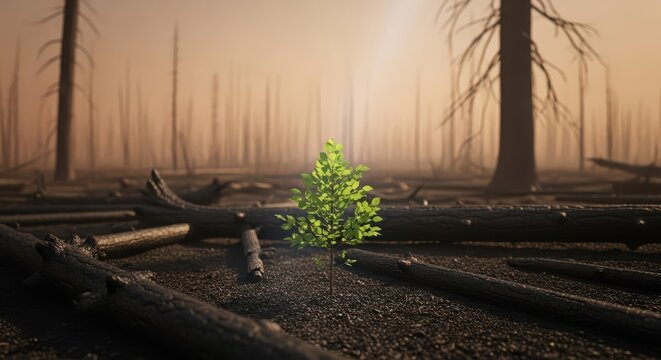 Vibrant young sapling emerges from the barren, ashen landscape of a recent forest fire