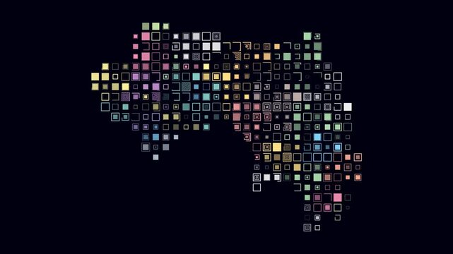 Guinea map animation. Shape of the country with pulsating colored dots. Large size square blocks. Digital style Guinea map on dark background. Beautiful video.