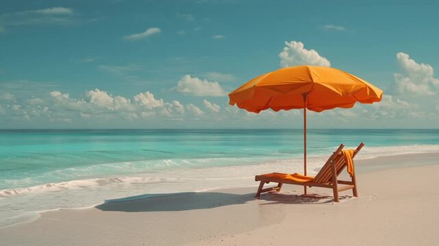 Calm tropical beach with an orange parasol and lounge chair by turquoise sea, expressing relaxation, travel escape, and peaceful coastal lifestyle in bright cinematic 4K footage.