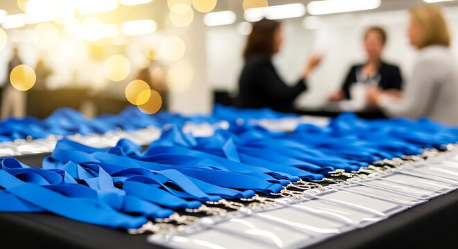 Many blue lanyards, name tags arranged on table. Event preparation underway. Indoor setting. Potential for business meeting. Rows of lanyards. Ready for attendees. Professional event meeting. Neatly