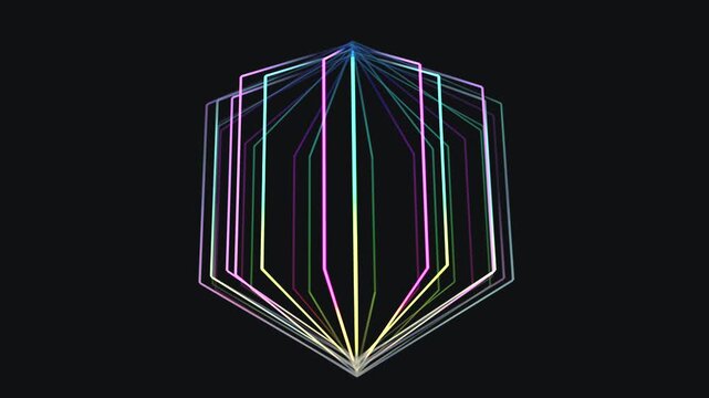 A series of colorful, neon-lined hexagonal frames nested together, rotating vertically to form a diamond-shaped kinetic sculpture.