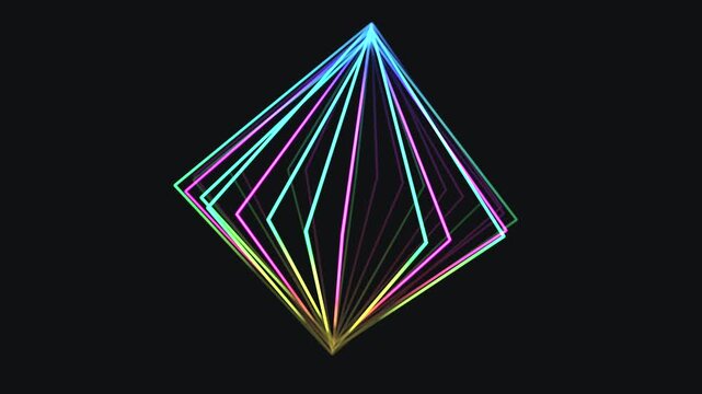 A neon-colored gyroscopic structure made of concentric geometric frames spinning on a central axis, creating a vibrant, rhythmic visual.