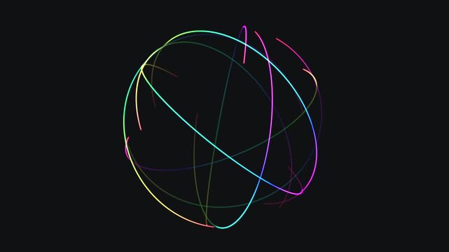 Elegant, thin neon arcs rotating around a central point to form a spherical light sculpture with a smooth, rainbow gradient.
