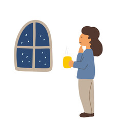 窓の外を眺めて悩んでいる飲み物を持った女性