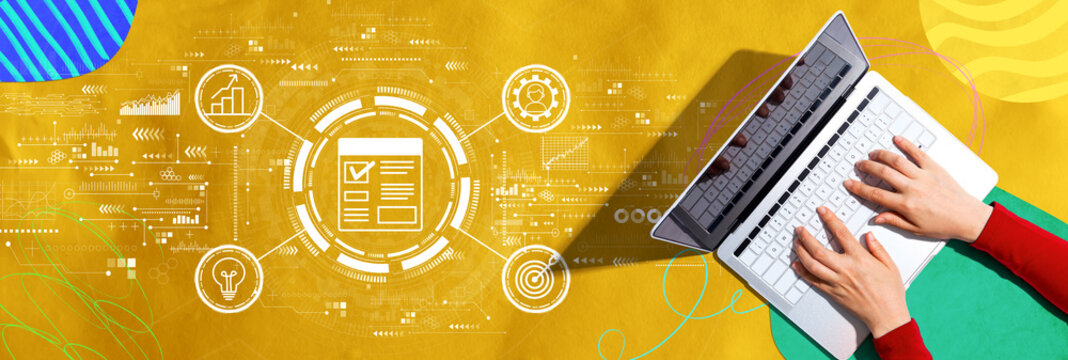 Project management theme with person using a laptop