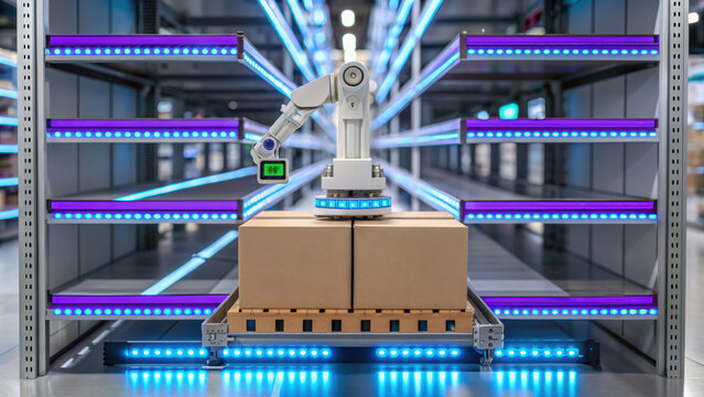 Robotic arm with grasper handling cardboard boxes on conveyor belt in futuristic warehouse with blue LED lights