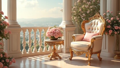 Fototapeta premium Ornate gold and cream armchair with pink cushion sits on sunlit balcony. Table with pink rose bouquet, ornate legs. Balustrade overlooks scenic green landscape, city view.