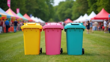 Three brightly colored rubbish bins yellow pink blue stand on green grass. Outdoor event with tents and blurred people in background. Cleanliness and recycling concept.