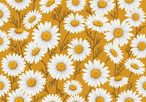 Seamless pattern of white daisies on a rich mustard yellow background