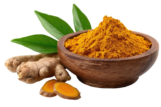 A vibrant shot of turmeric root, powder in a bowl, and leaves with a transparent backdrop