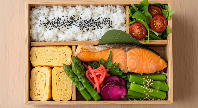A typical Japanese bento includes salmon, tamagoyaki, nori rice and fresh vegetables of tomatoes, peppers and onions arranged on a healthy and delicious bento box.