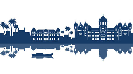 Obraz premium Blue Uttarakhand Skyline Vector Silhouette with Palm Trees and Boat Reflection, Historic Heritage Architecture Cityscape Design.