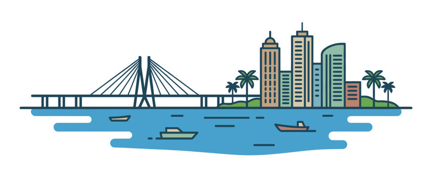 Coastal metropolis skyline vector with cable-stayed bridge, modern city skyscrapers, ocean boats, palm trees, urban panoramic landscape illustration featuring uttarakhand charm.
