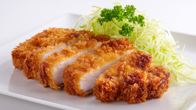 白背景の角皿に美しく並べられた肉厚でジューシーな揚げたてのとんかつと千切りキャベツ