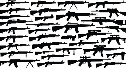 PrintGun silhouettes, firearm collection, weapon illustration, rifle vector, military design, tactical firearm, black shapes, catalog reference, shooting sport, graphic art © MDKAZOL