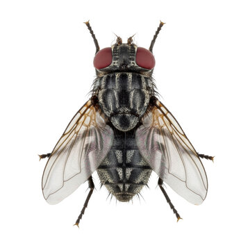 a single housefly specimen rendered with hyper-realistic detail, showcasing the chitinous exoskeleton and faceted crimson eyes under intense high-key studio lighting on a transparent background,