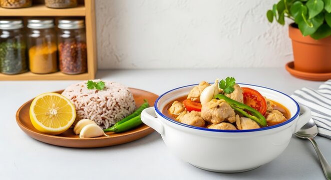 jasha maru, Bhutanese chicken stew in small chunks, cooked with ripe tomato, onion, garlic, fresh ginger, and green pepper in clear aromatic broth. 
