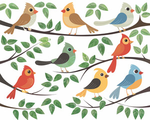 Colorful songbirds perch on branches amidst lush green foliage © Bablu