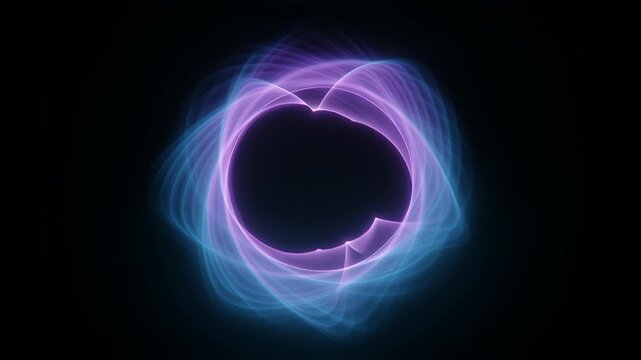Glowing tech technology wave ai audio voice spectrum artificial network glowing circular light ribbon blue and purple forming fluid ring suggesting futuristic audio interface and network connection