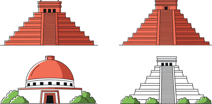 Set of ancient Mexican Mayan pyramids and Chichen Itza landmark vector illustration for travel history and archaeological heritage concept