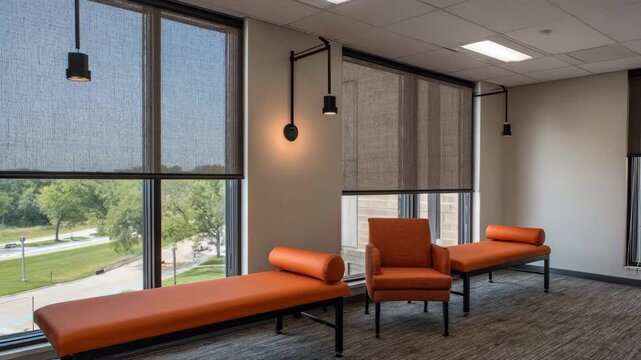 Closeup on daylightintegrated LED fixtures casting natural light over a patient examination couch blending artificial and natural sources for optimal care conditions.