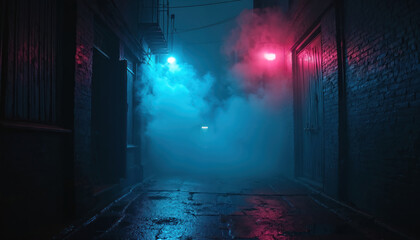 Fototapeta premium Dark city alleyway at night filled with blue, red neon lights, thick smoke. Wet cobblestone ground reflects atmospheric glow of mysterious urban passage. Moody, moody, urban, gritty, dark, mysterious.