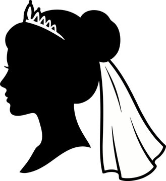 Minimalist Silhouette Bride Head with Wedding Veil and Tiara Side View Profile