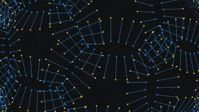 A close-up, abstract view of interconnected blue and yellow nodes forming hexagonal and circular patterns that shift and rotate across the frame.