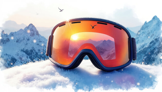 Ski goggles sit on fresh snow with mountain reflection in lens. Sunset paints sky orange and purple over snowy peaks. Winter sport gear ready for adventure on mountain top.
