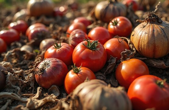 Tomatoes and onions rot on ground. Fallen produce spoil after harvest. Discarded food waste shows farming problems. Natural decay, blight, and pest issues cause loss. Overproduction leads to excess.