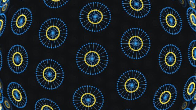 A wide-angle view of a dark sphere populated by repeating, flat-looking circular nodes in blue and yellow that resemble a stylized electronic array.