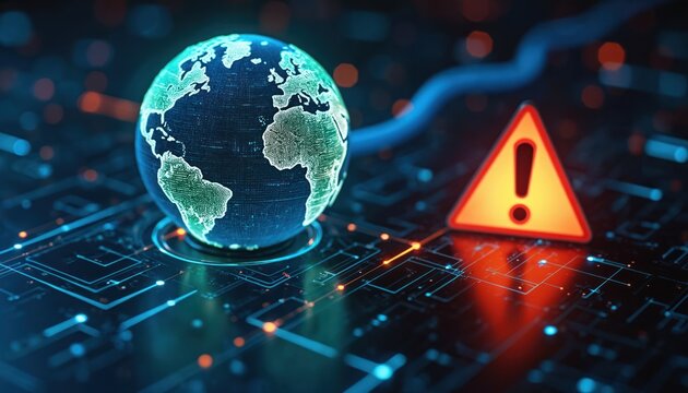 Digital globe with glowing continents sits on circuit board. Warning sign indicates global cyber threat or network failure. Internet connection issue or data breach concept visual.