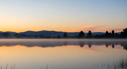 Naklejka premium Misty Morning over a Calm Lake with Silhouetted Mountains and Pine Trees