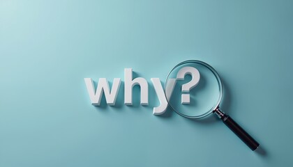 Fototapeta premium Magnifying glass inspects white word why and question mark on light blue background. Focus on inquiry and finding answers. Investigation concept.