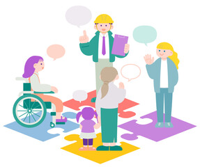 パズルの上で話し合う人々・コミュニティと連携のイメージ