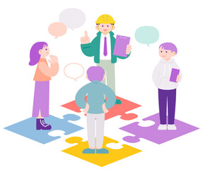 パズルの上で話し合う人々・コミュニティと連携のイメージ