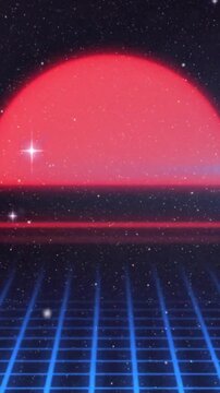 Red sun rising horizon, neon grid emerging, lens flare sweeping, designers creating tech assets