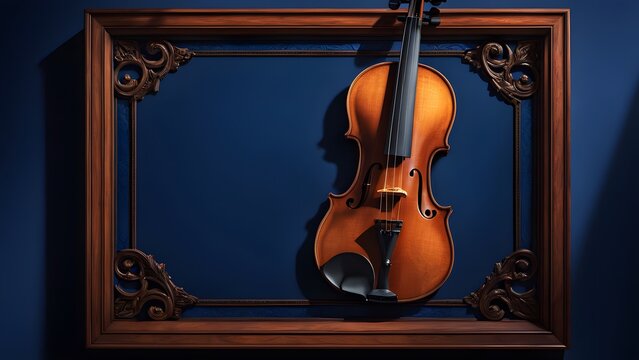 Violin positioned center frame against a minimalist cobalt blue background meticulously detailed wood

