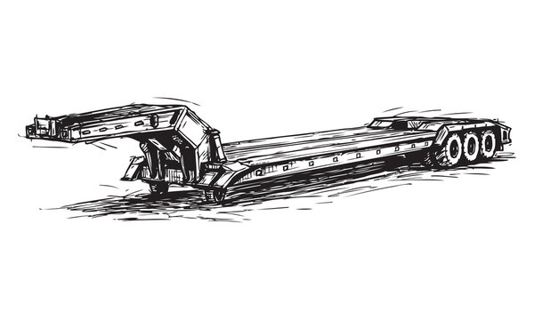 Black and White Lowboy Trailer Vector Sketch with Expressive Hand Drawn Heavy Transport Linework