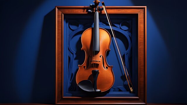 Violin positioned center frame against a minimalist cobalt blue background meticulously detailed wood

