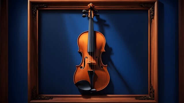 Violin positioned center frame against a minimalist cobalt blue background meticulously detailed wood

